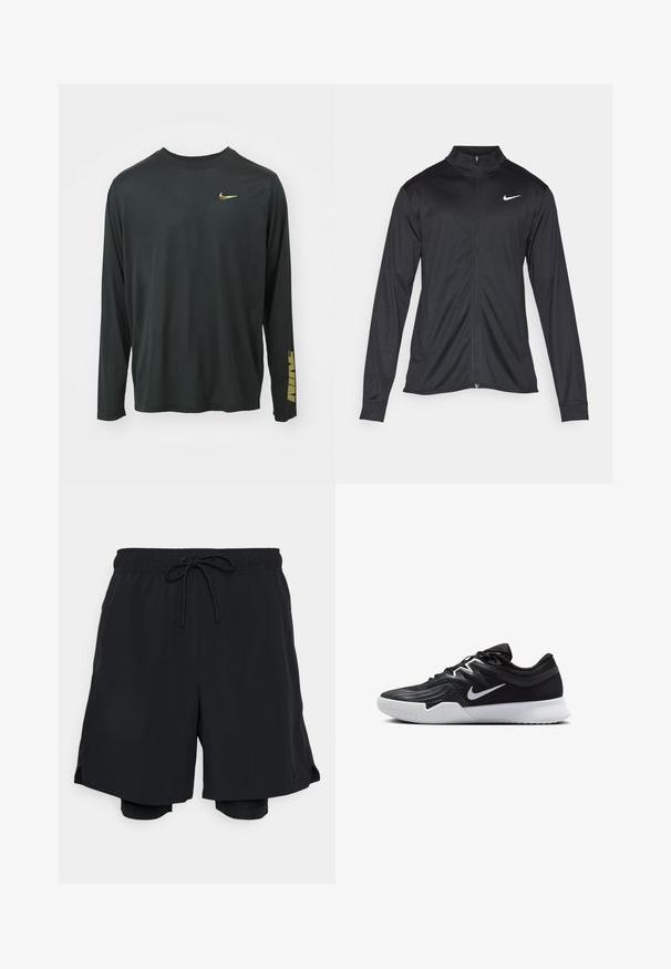 Černá sportovní bunda s dlouhými rukávy, límcem a plným zipem. Má decentní bílou logo značky Nike na horní levé části hrudi. Hladká textura.; Nike Performance TEE - Top s dlouhým rukávem - black; Černé atletické šortky vyrobené z lehké tkaniny, s elastickým pasem a šňůrkou na stažení, a s přiléhavými vnitřními šortkami.; Černá atletická bota s texturovaným svrškem, bílým logem Nike a bílou gumovou podrážkou. Disponuje šněrovacím designem a dynamickým tvarem.
