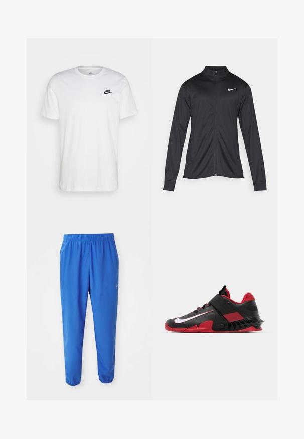 Melna sporta jaka ar garām piedurknēm, apkakli un pilnu rāvējslēdzēju. Uz kreisā krūts augšdaļas ir maigs Nike logo baltā krāsā. Gluda tekstūra.; Balta kokvilnas T-krekls ar apaļu kaklu, īsām piedurknēm un melnu Nike logo kreisajā krūtīs. Vienkāršs, viendabīgs dizains.; Zili zili svārki ar elastīgu jostasvietu, taisnas kāju dizainu un sašaurinātām piedurknēm. Ar Nike zīmolu zeltā kreisajā pusē.; Melnas un sarkanas sporta kedas ar elegantu dizainu, teksturētu sietu augšdaļu, izturīgu gumijas zoli un izteiksmīgu baltu logotipa akcentu.