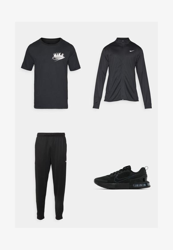 Must värvi sportlik jakk pikkade varrukatega, krae ja täispikk tõmblukk. Ülemises vasakus rinnas on diskreetne valge Nike logo. Sile tekstuur.; Must beebi musta puuvillane T-särk lühikeste varrukatega, ümmarguse kaelusega ning vasakul rinnal valge stiliseeritud "NIKE" logo.; Mustad mustekad athletic-püksid sujuvast kangast, elastse vöökoha, kitsenevate jalgade ja väikese valge logoga vasakul küljel.; Must must Ameerika must must must must must must must