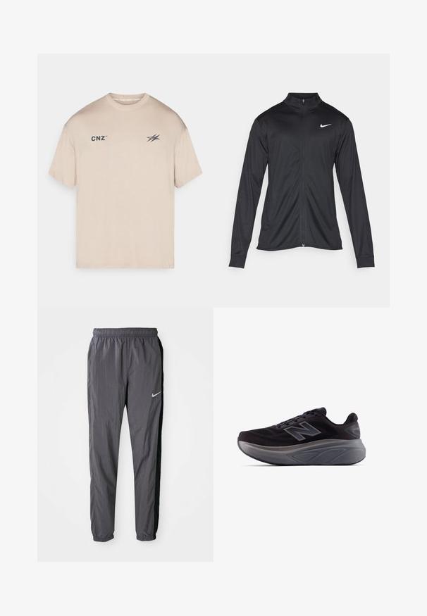 Must värvi sportlik jakk pikkade varrukatega, krae ja täispikk tõmblukk. Ülemises vasakus rinnas on diskreetne valge Nike logo. Sile tekstuur.; Beige lühikese varrukaga T-särk, mis on valmistatud pehmest kangast, esiküljel on väike "CNZ" logo ja graafiline aktsent. Klassikaline ümmargune kaelus.; Nike jalgpüksid, valmistatud kergest kangast, tumesinised mustade külgpaneelidega. Omavad elastset vöökohta ja peegeldavat logo.; Mustad mustus spordijalats, millel on tekstureeritud ülemine osa, tugevdatud kannaosa ja paks hall tald. Omab silmapaistvat "N" logo.