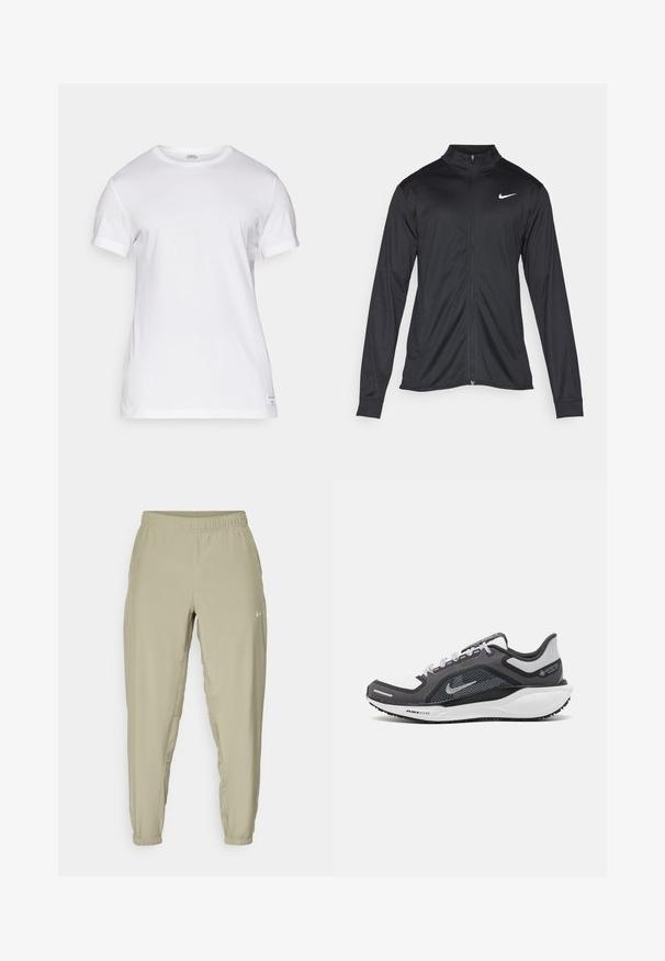 Černá sportovní bunda s dlouhými rukávy, límcem a plným zipem. Má decentní bílou logo značky Nike na horní levé části hrudi. Hladká textura.; Bílý bavlněný tričko s krátkými rukávy, kulatým výstřihem a rovný střih. Obsahuje malou značkovou nášivku na levém lemu. Jemná textura.; Světlé béžové joggingové kalhoty s elastickým pasem, manžetovými kotníky a bočními kapsami. Na přední straně se nachází malé bílé logo.; Černá a šedá sportovní obuv s vrškem z prodyšné síťoviny, reflexními akcenty a bílou mezipodešví. Obsahuje texturovanou gumovou podrážku a tkaničky.