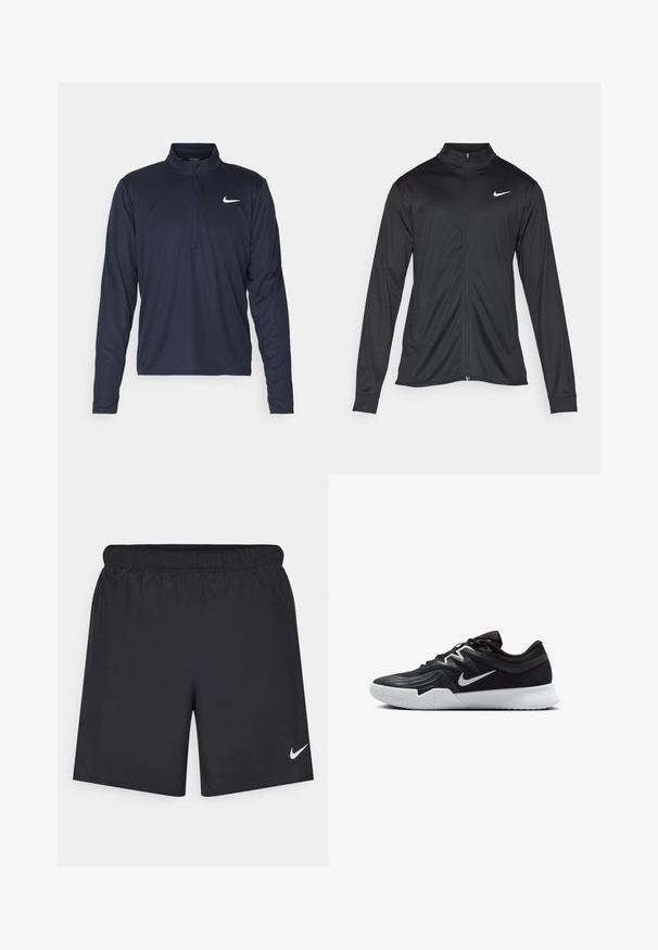 Crna sportska jakna s dugim rukavima, ovratnikom i punim patentnim zatvaračem. Ima suptilan Nike logo u bijeloj boji na gornjem lijevom dijelu prsne oznake. Glatka tekstura.; Nike Performance PACER TOP - Top dugih rukava - obsidian/silver; Crne atletske kratke hlače od laganog materijala s elastičnom tačkom. Imaju mali bijeli Nike logo na donjoj lijevoj strani.; Crna sportska cipela s teksturiranim gornjim dijelom, bijelim Nike swooshom i bijelim gumennim potplatom. Ima dizajn s vezanjem i dinamičan oblik.
