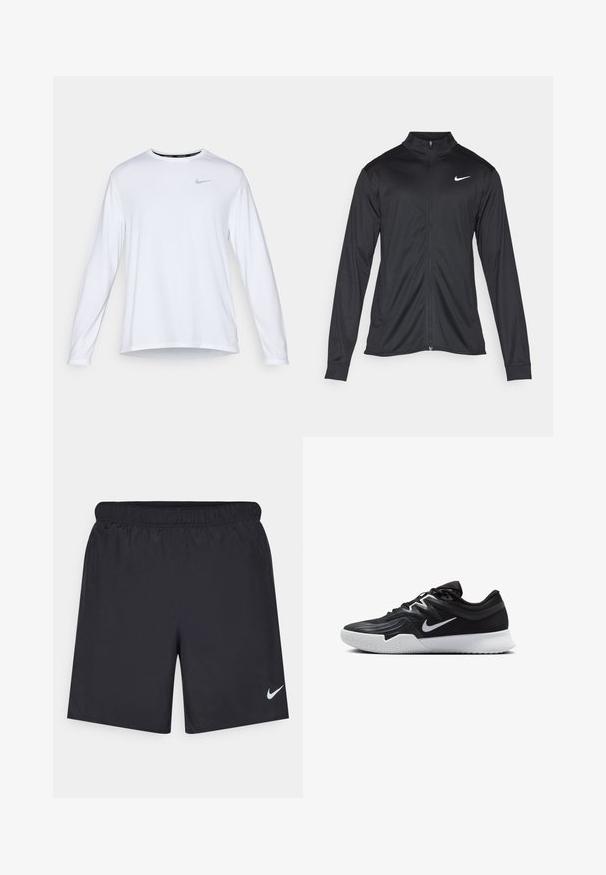Jacket desportivo preto com mangas longas, colarinho e fecho zip completo. Apresenta um discreto logotipo da Nike em branco na parte superior do lado esquerdo do peito. Textura suave.; Camisa atlética branca de mangas longas, feita de tecido respirável, com decote redondo, abertura lateral e um logotipo Nike cinza refletivo no peito.; Calças de desporto pretas feitas de material leve com uma cintura elástica. Apresenta um pequeno logótipo branco da Nike no canto inferior esquerdo.; Sapatilha atlética preta com um cabedal texturizado, swoosh branco da Nike e uma sola de borracha branca. Apresenta um design com atacadores e uma forma dinâmica.