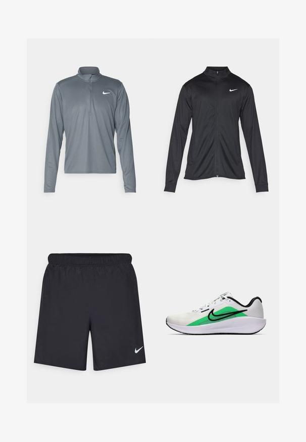 Crna sportska jakna s dugim rukavima, ovratnikom i punim patentnim zatvaračem. Ima suptilan Nike logo u bijeloj boji na gornjem lijevom dijelu prsne oznake. Glatka tekstura.; Siva dugmadna majica dugih rukava Nike s četvrtastim patent zatvaračem. Izrađena od glatkog, laganog materijala, sa malim bijelim logotipom na prsima.; Crne atletske kratke hlače od laganog materijala s elastičnom tačkom. Imaju mali bijeli Nike logo na donjoj lijevoj strani.; Bijela atletska obuća s zelenim akcentom, crnim logotipom, mrežastim gornjim dijelom, podstavljenom sole i zaobljenim petom. Sadrži vezice i kontrastne detalje.