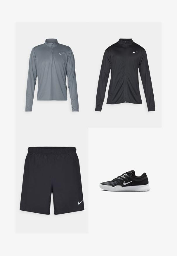 Musta urheilutakki pitkillä hihoilla, kauluksella ja kokonaisella vetoketjulla. Täydentää hienovarainen Nike-logo valkoisena vasemmassa ylärinnassa. Litteä pinta.; Harmaa pitkähihainen Nike-suorituspaita, jossa on neljännesvetoketjukaulus. Valmistettu sileästä ja kevyestä kankaasta, jossa on pieni valkoinen logo rinnassa.; Mustat urheilushortsit, jotka on valmistettu kevyestä materiaalista ja joissa on joustava vyötärö. Alareunassa vasemmalla puolella on pieni valkoinen Nike-logo.; Musta urheilukenkä, jossa on teksturoitu päällinen, valkoinen Nike-tikkaus ja valkoinen kumipohja. Kenkässä on nauhakuji ja dynaaminen muoto.