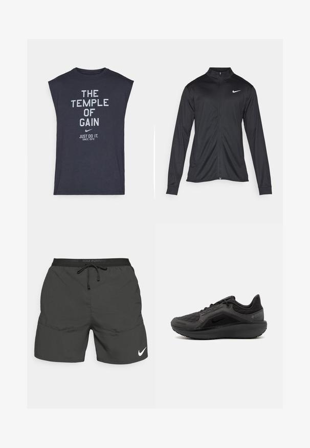 Crna sportska jakna s dugim rukavima, ovratnikom i punim patentnim zatvaračem. Ima suptilan Nike logo u bijeloj boji na gornjem lijevom dijelu prsne oznake. Glatka tekstura.; Tamna mornarska majica bez rukava s bijelim natpisom "Hram dobitka" i "Samo uradi. Od 1972." ispisanim u središtu. Mekana, pamučna tkanina.; Crne trkačke kratke hlače s elastičnim pojasom, vezicom, bočnim džepovima i bijelim Nike logotipom na donjem lijevom dijelu nogavice.; Crna sportska cipela s texturiranim kviltanim gornjim dijelom, elegantnog dizajna i crnom gumenom potplatu. Sadrži vidljivi logo i Gore-Tex brendiranje.
