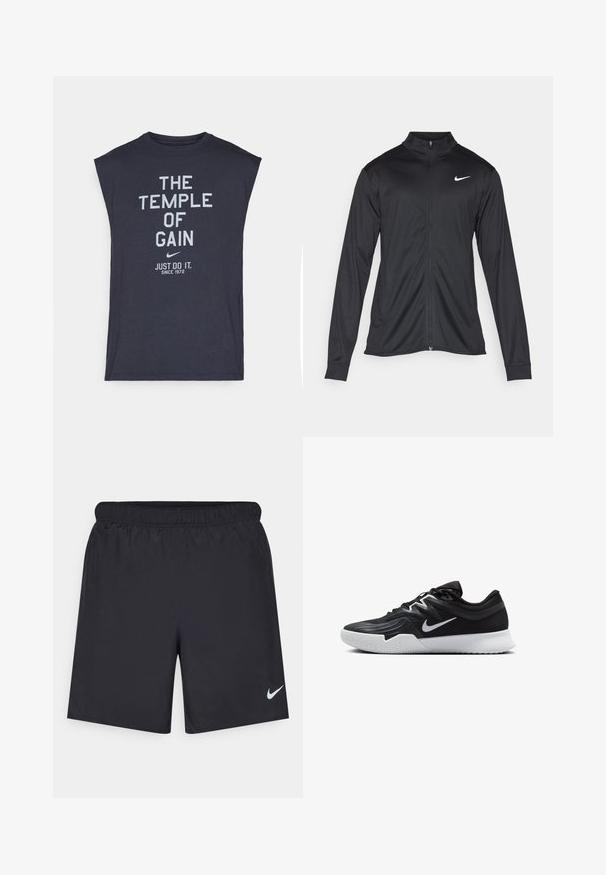 Musta urheilutakki pitkillä hihoilla, kauluksella ja kokonaisella vetoketjulla. Täydentää hienovarainen Nike-logo valkoisena vasemmassa ylärinnassa. Litteä pinta.; Hihaton tummansininen t-paita, jossa valkoiset tekstit "GAININ TEMPPELI" ja "TEKEE SE. SINCE 1972" painettuna keskiin. Pehmeä, puuvillakuitu.; Mustat urheilushortsit, jotka on valmistettu kevyestä materiaalista ja joissa on joustava vyötärö. Alareunassa vasemmalla puolella on pieni valkoinen Nike-logo.; Musta urheilukenkä, jossa on teksturoitu päällinen, valkoinen Nike-tikkaus ja valkoinen kumipohja. Kenkässä on nauhakuji ja dynaaminen muoto.