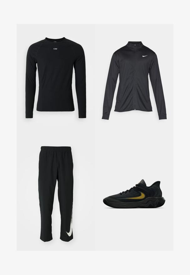 Jacket desportivo preto com mangas longas, colarinho e fecho zip completo. Apresenta um discreto logotipo da Nike em branco na parte superior do lado esquerdo do peito. Textura suave.; Camisola atlética de manga longa preta, feita de tecido elástico, apresenta um decote redondo e costuras planas. Pequeno logótipo na parte superior do peito.; Calças atléticas pretas com cintura elástica, design afunilado, apresentando um grande logótipo branco da Nike na perna esquerda. Tecido macio e leve.; Tênis atlético preto e cinza escuro com cadarços pretos e logotipo swoosh dourado, apresentando um design de sola ondulada e colarinho acolchoado no calcanhar.