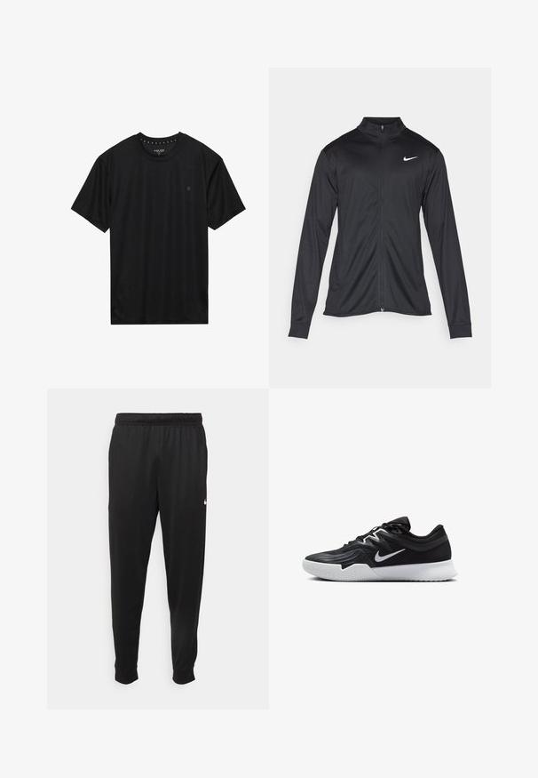 Svart idrettsjakke med lange ermer, krage og full glidelås. Har en subtil Nike-logo i hvitt på øvre venstre bryst. Glatt tekstur.; Svart kortermet T-skjorte laget av myk stoff, med rund halslinning og en liten logo brodert i svart på venstre brystområde.; Svarte treningsbukser laget av glatt stoff, med elastisk midje, smale ben og en liten hvit logo på venstre side.; Svart treningssko med teksturert overdel, hvit Nike-swoosh og hvit gummisåle. Har snøring og en dynamisk form.