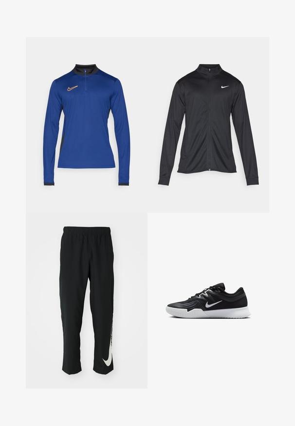 Sort atletisk jakke med lange ærmer, krave og fuld lynlås. Har et diskret Nike-logo i hvidt på den øverste venstre side af brystet. Glat tekstur.; Langærmet atletisk top i levende blå med en sort krave, halv lynlås og orange Nike-logo på brystet. Tekstureret, fugtabsorberende materiale.; Sorte træningsbukser med elastisk talje, der taper ind, og har et stort hvidt Nike-logo på venstre ben. Blødt, letvægtsstof.; Sort atletiksko med en tekstureret overdel, hvid Nike swoosh og en hvid gummisål. Har en snørret design og dynamisk form.