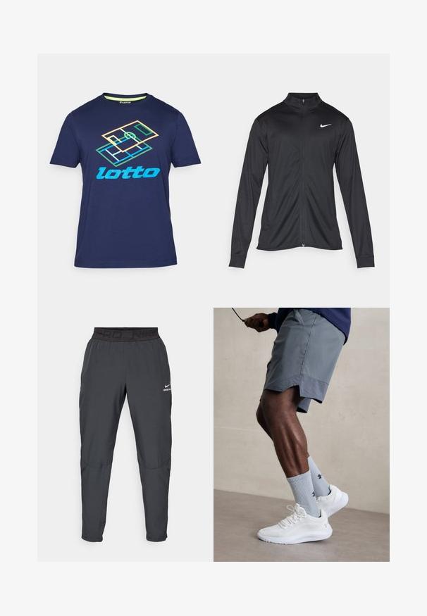 Black athletic jacket with long sleeves, collar, and full zipper. Features a subtle Nike logo in white on the upper left chest. Smooth texture.; Navy blue short-sleeve t-shirt made from cotton, featuring a multicolored "Lotto" logo and geometric design on the front.; Nike Pro pants in dark gray, featuring a black elastic waistband with "PRD" and "NIKE PRO" text, smooth fabric, tapered design, and subtle stitching details.; White athletic shoes with textured mesh upper, paired with light blue ribbed socks featuring a logo. Grey athletic shorts with perforated trim.
