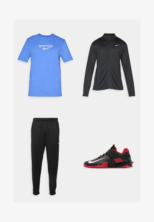 Černá sportovní bunda s dlouhými rukávy, límcem a plným zipem. Má decentní bílou logo značky Nike na horní levé části hrudi. Hladká textura.; Modré bavlněné tričko s krátkými rukávy a kulatým výstřihem, s bílým potiskem textu "NIKE PRO" a logem na hrudi.; Černé sportovní kalhoty vyrobené z hladké tkaniny, s elastickým pasem, zúženými nohavicemi a malým bílým logem na levé straně.; Černé a červené atletické tenisky s elegantním designem, texturovaným síťovinovým svrškem, pevnou gumovou podrážkou a výrazným bílým akcentem loga.