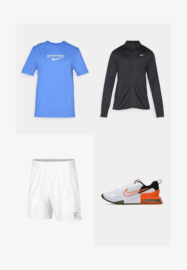 Melna sporta jaka ar garām piedurknēm, apkakli un pilnu rāvējslēdzēju. Uz kreisā krūts augšdaļas ir maigs Nike logo baltā krāsā. Gluda tekstūra.; Zils kokvilnas T-krekls ar apaļu kaklu, īsām piedurknēm un baltu "NIKE PRO" logo ar swoosh grafiku priekšpusē.; Baltie sporta šorti, kas izgatavoti no viegla auduma, ar elastīgu jostasvītru, divām sānu kabatām un mazu melnu logo pie apakšmalas.; Balti sporta apavi ar teksturētu sieta augšējo daļu, melniem un oranžiem akcentiem, biezu gumijas zoli un caurspīdīgu gaisa spilvenu daļu pie papēža.