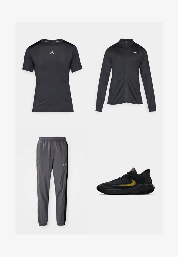 Black athletic jacket with long sleeves, collar, and full zipper. Features a subtle Nike logo in white on the upper left chest. Smooth texture.; Black short-sleeve athletic t-shirt with a white Jumpman logo centered on the chest and "Jordan Sports" text inside the collar.; Nike track pants, made of lightweight fabric, in dark gray with black side panels. Features an elastic waistband and reflective logo.; Black and dark gray athletic shoe with black laces and gold swoosh logo, featuring a wavy sole design and padded heel collar.