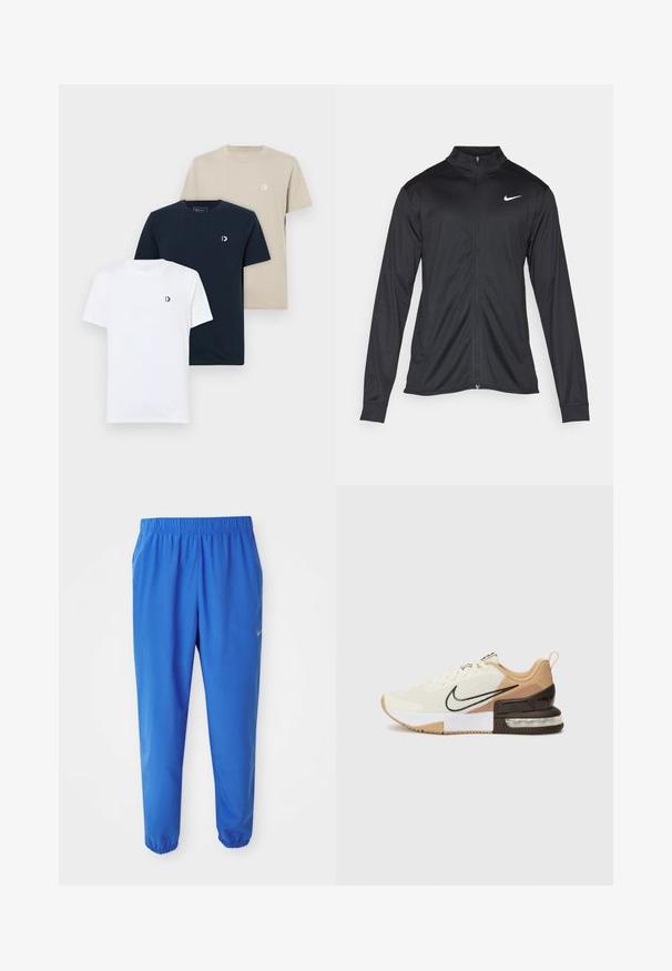 Giacca sportiva nera con maniche lunghe, colletto e zip completa. Presenta un logo Nike in bianco sulla parte superiore del lato sinistro del petto. Tessuto morbido.; Tre t-shirt: bianca, blu navy e beige. Ognuna ha un collo rotondo, maniche corte e un piccolo logo sul lato sinistro del petto. Realizzate in cotone.; Pantaloni sportivi blu con cintura elastica, design a gamba dritta e polsini affusolati. Presenta il logo Nike in oro sul lato sinistro.; Sneaker Nike con tomaia in rete color crema, dettagli color tan, swoosh nero, suola intermedia bianca e un'unità air visibile nel tallone marrone scuro.
