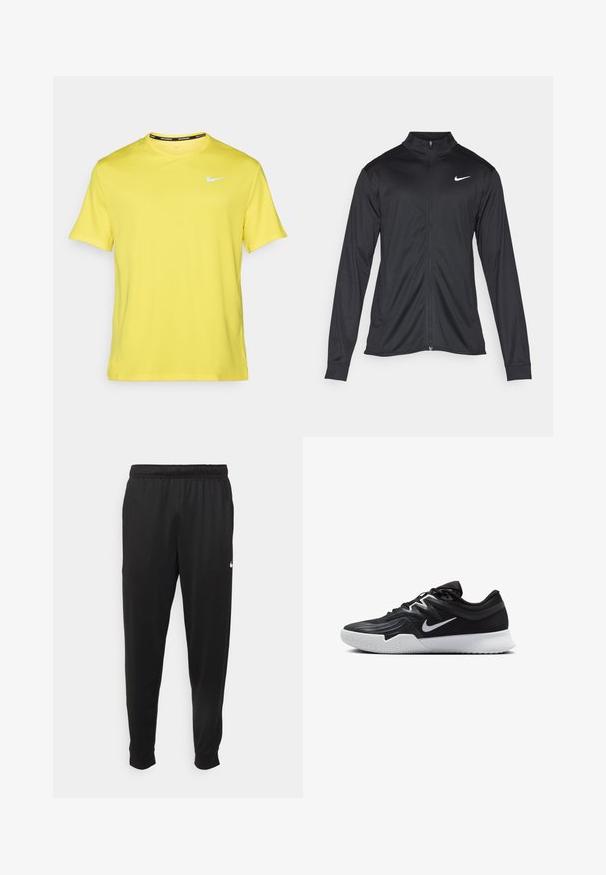 Jacket desportivo preto com mangas longas, colarinho e fecho zip completo. Apresenta um discreto logotipo da Nike em branco na parte superior do lado esquerdo do peito. Textura suave.; T-shirt de corrida amarelo da Nike, com mangas curtas, gola redonda, um pequeno logótipo branco no peito e uma etiqueta preta contrastante dentro da gola.; Calças de desporto pretas feitas de tecido suave, com uma cintura elástica, pernas ajustadas e um pequeno logo branco no lado esquerdo.; Sapatilha atlética preta com um cabedal texturizado, swoosh branco da Nike e uma sola de borracha branca. Apresenta um design com atacadores e uma forma dinâmica.