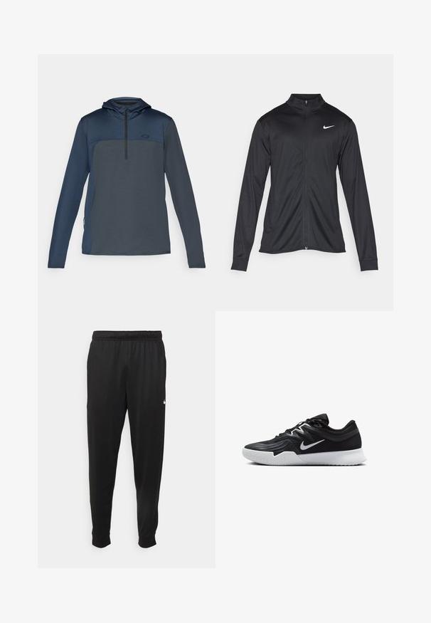 Jachetă sportivă neagră cu mâneci lungi, guler și fermoar complet. Prezintă un logo Nike subtil, alb, pe pieptul din stânga sus. Textură netedă.; Pulover cu mâneci lungi de culoare bleumarin, cu glugă, având un design cu jumătate de fermoar, țesătură texturată și panouri contrastante pe partea superioară a pieptului.; Pantaloni sportivi negri dintr-o țesătură netedă, cu un elastic la brâu, picioare conice și un mic logo alb pe partea stângă.; Pantof sport negru cu un superior texturat, swoosh alb Nike și o tălpică din cauciuc alb. Dispune de un design cu șireturi și o formă dinamică.