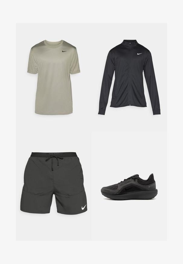 Svart idrettsjakke med lange ermer, krage og full glidelås. Har en subtil Nike-logo i hvitt på øvre venstre bryst. Glatt tekstur.; Lett olivengrønn kortermet T-skjorte laget av glatt stoff, med rund hals og en liten svart Nike-logo på øvre venstre bryst.; Sorte løpeshorts med elastisk midjebånd, snor, sidelommer og hvit Nike-logo nederst på venstre bein.; Svart atletisk sko med teksturert quiltet overdel, slank design og svart gummisåle. Har synlig logo og Gore-Tex-merke.