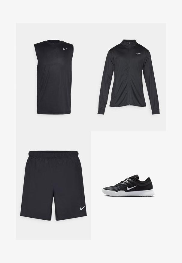 Melna sporta jaka ar garām piedurknēm, apkakli un pilnu rāvējslēdzēju. Uz kreisā krūts augšdaļas ir maigs Nike logo baltā krāsā. Gluda tekstūra.; Melna bezpiedurkņu sporta krekls, izgatavots no gludas auduma, ar apaļu kakla izgriezumu un mazu baltu Nike swoosh logotipu augšējā kreisajā stūrī.; Melnas sporta šorti, izgatavoti no viegla materiāla, ar elastīgu jostu. Uz apakšējā kreisā stūra ir neliels balts Nike logo.; Melni sporta apavi ar teksturētu virsu, balto Nike zulumu un balto gumijas zoli. Iezīmējas ar auklu pievilkšanas dizainu un dinamisku formu.
