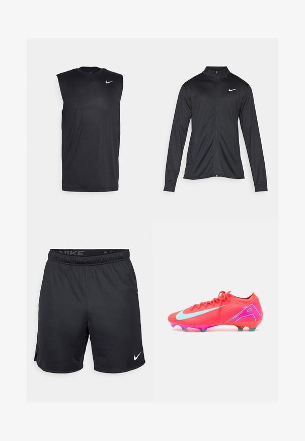 Giacca sportiva nera con maniche lunghe, colletto e zip completa. Presenta un logo Nike in bianco sulla parte superiore del lato sinistro del petto. Tessuto morbido.; Maglietta atletica nera senza maniche realizzata in materiale liscio, con colletto tondo e un piccolo logo Nike swoosh bianco sul lato sinistro superiore.; Pantaloni corti neri Nike con cintura elastica, fessure laterali e logo bianco Nike sull'orlo inferiore. Realizzati in un tessuto leggero e testurizzato.; Scarpa da calcio rosa brillante con parte superiore testurizzata, accenti azzurri e design elegante. Presenta una suola rosa con tacchetti turchesi.