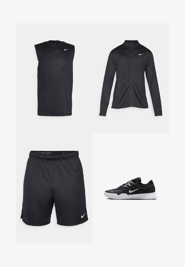 Schwarze Sportjacke mit langen Ärmeln, Kragen und voller Reißverschluss. Verfügt über ein dezentes Nike-Logo in Weiß auf der oberen linken Brust. Glatte Textur.; Schwarzes ärmelloses Sportshirt aus glattem Material, mit rundem Ausschnitt und kleinem weißen Nike-Swoosh-Logo an der oberen linken Seite.; Schwarze Nike-Shorts mit elastischem Bund, seitlichen Schlitzen und einem weißen Nike-Logo am unteren Saum. Hergestellt aus leichtem, strukturiertem Material.; Schwarzer Sportschuh mit strukturiertem Obermaterial, weißem Nike-Warenzeichen und einer weißen Gummisohle. Verfügt über ein Schnürdesign und eine dynamische Form.