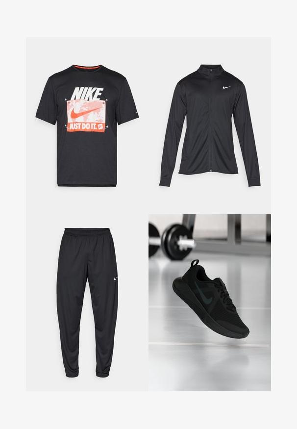 Svart idrettsjakke med lange ermer, krage og full glidelås. Har en subtil Nike-logo i hvitt på øvre venstre bryst. Glatt tekstur.; Svart bomull T-skjorte med et stort hvitt "NIKE"-logo og en oransje "JUST DO IT"-grafikk på en hvit bakgrunn, med fremtredende sømdetaljer.; Svarte treningbukser med elastisk midje, avsmalnende ben og en liten hvit Nike-logo på venstre lår. Glatt stoff, ingen mønstre.; Svart sportsko med teksturert mesh-overdel, gummisåle og en markant mørk swoosh-logo. Har polstret krage og snøresystem.
