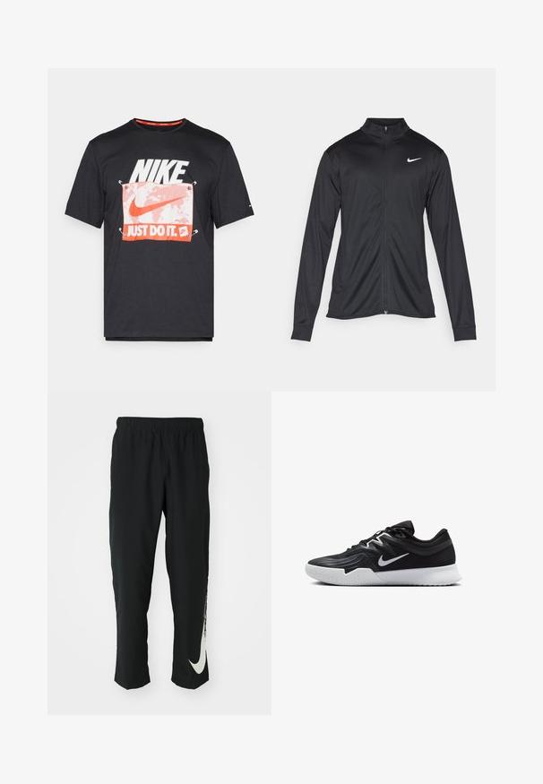 Musta urheilutakki pitkillä hihoilla, kauluksella ja kokonaisella vetoketjulla. Täydentää hienovarainen Nike-logo valkoisena vasemmassa ylärinnassa. Litteä pinta.; Mustan puuvillateepaidan etuosassa on suuri valkoinen "NIKE"-logo ja oranssi "JUST DO IT" -grafiikka valkoisella taustalla, ja siinä on näkyvät ompeluyksityiskohdat.; Mustat urheiluhousut, joissa on joustava vyötärö, kapeneva muotoilu ja suuri valkoinen Nike-logo vasemmassa lahkeessa. Pehmeä, kevyt kangas.; Musta urheilukenkä, jossa on teksturoitu päällinen, valkoinen Nike-tikkaus ja valkoinen kumipohja. Kenkässä on nauhakuji ja dynaaminen muoto.