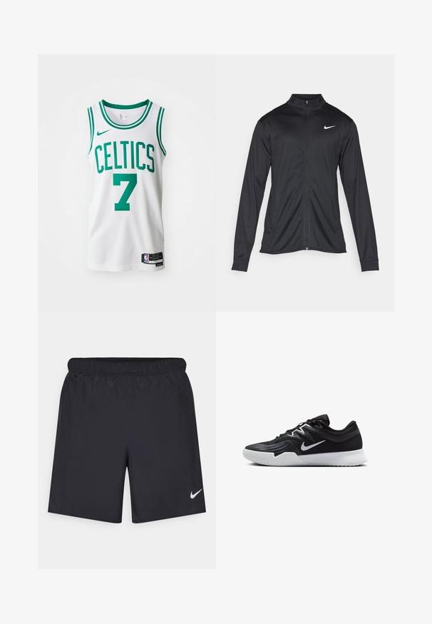 Must värvi sportlik jakk pikkade varrukatega, krae ja täispikk tõmblukk. Ülemises vasakus rinnas on diskreetne valge Nike logo. Sile tekstuur.; Valge korvpallivorm, millel on rohelised aktsendid, "CELTICS" ja number "7" julgete tähtedega, võrgumaterjal, ümmargune kaelus ja Nike logo rinnal. NBA silt alumises servas.; Mustad mustikud lühikesed püksid, mis on valmistatud kergest materjalist ja millel on elastne vöökoht. Alumisel vasakul küljel on väike valge Nike logo.; Must mustad jalanikesad rikaste ülaservaga, valge Nike swoosh'i ja valge kummist välispõhjaga. Omab paeltega sulgemisdetaili ja dünaamilist kuju.