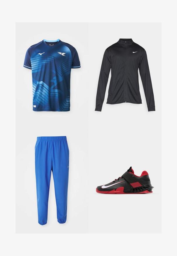 Black athletic jacket with long sleeves, collar, and full zipper. Features a subtle Nike logo in white on the upper left chest. Smooth texture.; Blue athletic jersey made of polyester. Features a gradient design with horizontal lines and a logo on the chest. V-neck collar and short sleeves.; Blue athletic pants with elastic waistband, straight leg design, and tapered cuffs. Features Nike logo in gold on the left side.; Black and red athletic sneakers featuring a sleek design, textured mesh upper, sturdy rubber sole, and prominent white logo accent.