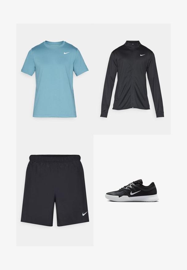 Melna sporta jaka ar garām piedurknēm, apkakli un pilnu rāvējslēdzēju. Uz kreisā krūts augšdaļas ir maigs Nike logo baltā krāsā. Gluda tekstūra.; Gaiši zils īsām piedurknēm T-krekls, kas izgatavots no gludas auduma. Arapa noapaļots kakla izgriezums un neliels balts Nike logo kreisajā augšējā krūtī.; Melnas sporta šorti, izgatavoti no viegla materiāla, ar elastīgu jostu. Uz apakšējā kreisā stūra ir neliels balts Nike logo.; Melni sporta apavi ar teksturētu virsu, balto Nike zulumu un balto gumijas zoli. Iezīmējas ar auklu pievilkšanas dizainu un dinamisku formu.