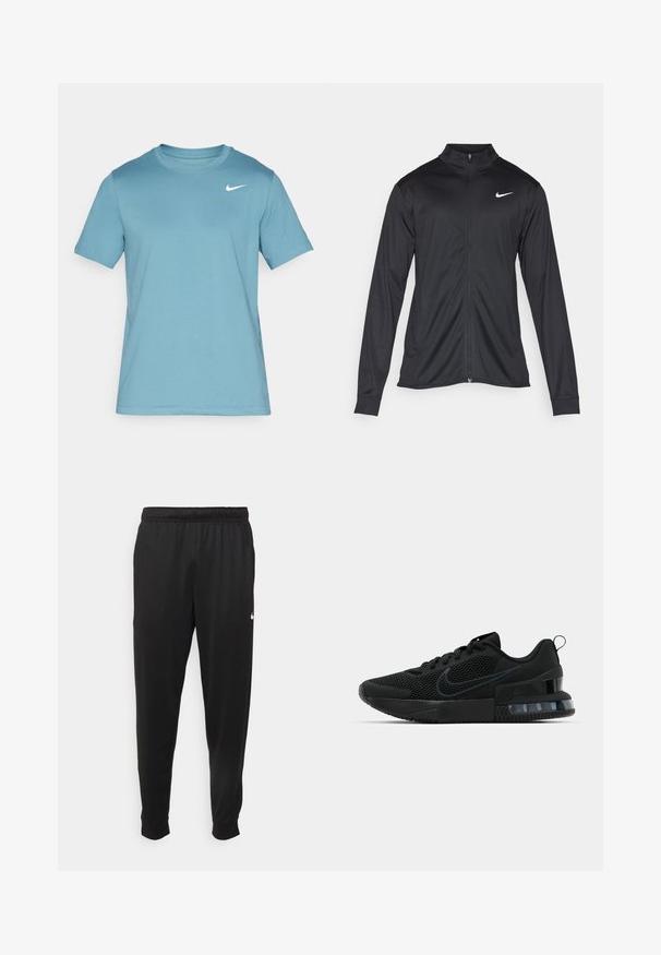 Jacket desportivo preto com mangas longas, colarinho e fecho zip completo. Apresenta um discreto logotipo da Nike em branco na parte superior do lado esquerdo do peito. Textura suave.; T-shirt de manga curta azul claro, feito de um tecido suave. Apresenta uma gola arredondada e um pequeno logo da Nike em branco no lado superior esquerdo do peito.; Calças de desporto pretas feitas de tecido suave, com uma cintura elástica, pernas ajustadas e um pequeno logo branco no lado esquerdo.; Tênis esportivo Nike preto com parte superior em malha, sola de borracha, colarinho acolchoado e um distinto detalhe transparente no calcanhar.