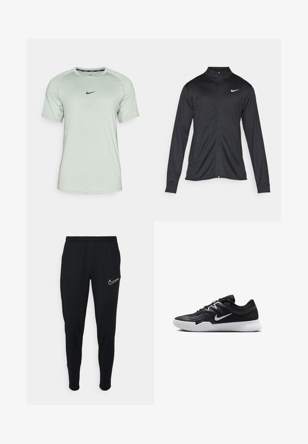 Chaqueta atlética negra con mangas largas, collar y cremallera completa. Presenta un sutil logo de Nike en blanco en la parte superior izquierda del pecho. Textura suave.; Nike Performance SLIM TOP - Camiseta deportiva - jade horizon/black; Joggers deportivos negros con cinturilla elástica, corte ajustado y logo de Nike en blanco en el lado izquierdo. Tejido suave con una textura lisa.; Zapatilla deportiva negra con parte superior texturizada, logo de Nike en blanco y suela de goma blanca. Tiene un diseño con cordones y una forma dinámica.