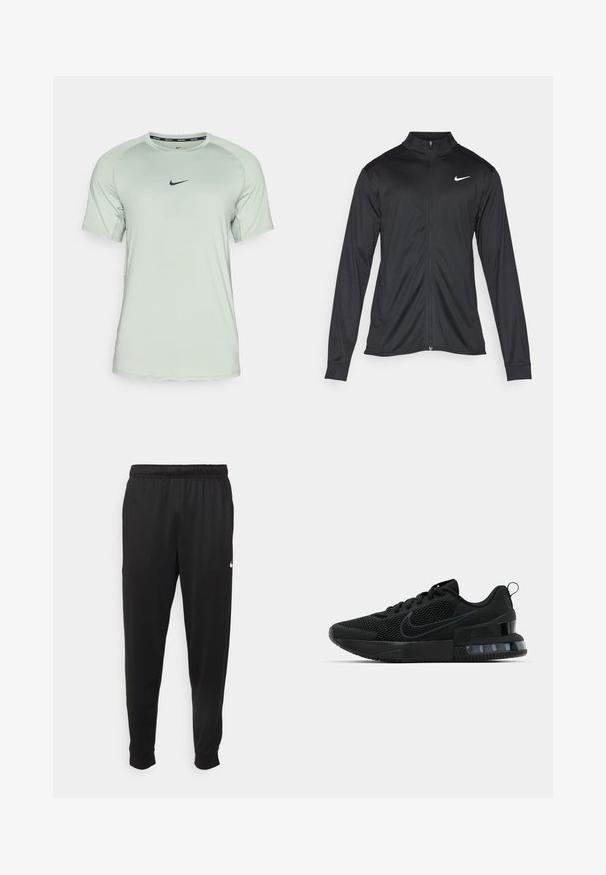 Jacket desportivo preto com mangas longas, colarinho e fecho zip completo. Apresenta um discreto logotipo da Nike em branco na parte superior do lado esquerdo do peito. Textura suave.; Nike Performance SLIM TOP - T-shirt desportiva - jade horizon/black; Calças de desporto pretas feitas de tecido suave, com uma cintura elástica, pernas ajustadas e um pequeno logo branco no lado esquerdo.; Tênis esportivo Nike preto com parte superior em malha, sola de borracha, colarinho acolchoado e um distinto detalhe transparente no calcanhar.
