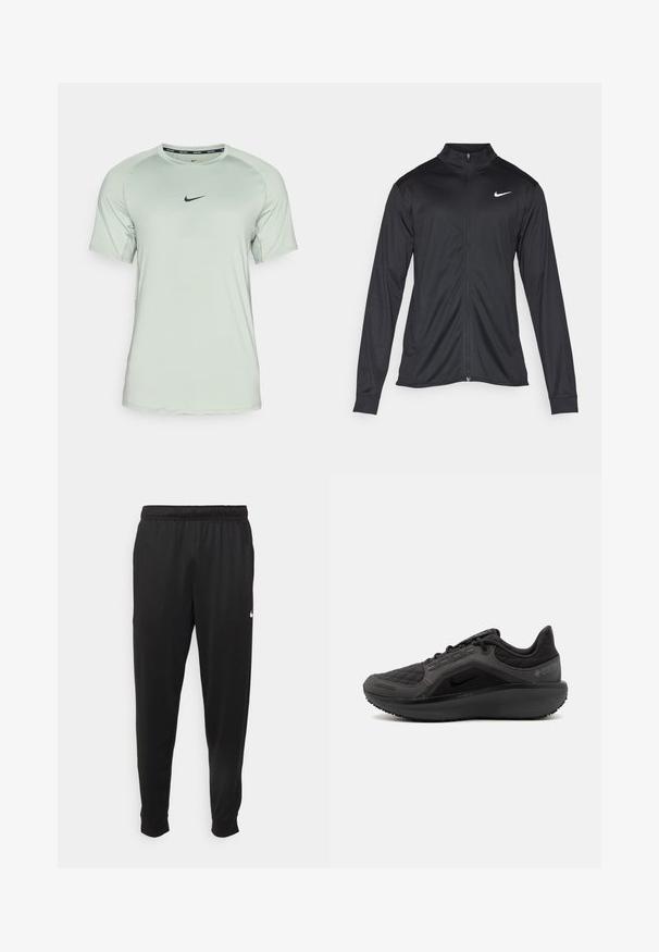 Chaqueta atlética negra con mangas largas, collar y cremallera completa. Presenta un sutil logo de Nike en blanco en la parte superior izquierda del pecho. Textura suave.; Nike Performance SLIM TOP - Camiseta deportiva - jade horizon/black; Pantalones deportivos negros de tejido suave, con cintura elástica, perneras ajustadas y un pequeño logotipo blanco en el lado izquierdo.; Zapatilla deportiva negra con una parte superior acolchada texturizada, diseño elegante y suela de goma negra. Presenta un logo visible y la marca Gore-Tex.