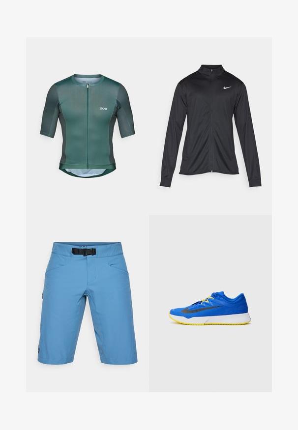 Jacket desportivo preto com mangas longas, colarinho e fecho zip completo. Apresenta um discreto logotipo da Nike em branco na parte superior do lado esquerdo do peito. Textura suave.; Jersey de ciclismo de manga curta em tecido verde escuro com textura suave, apresenta um fecho frontal e logo branco no peito.; Calções azul-claro com um cinto, feitos de um tecido suave. Inclui dois bolsos frontais e um bolso lateral com fecho. ; Sapatilha atlética azul com materiais em malha e sintéticos, apresentando um logótipo preto, detalhes amarelos e uma sola texturizada para aderência.