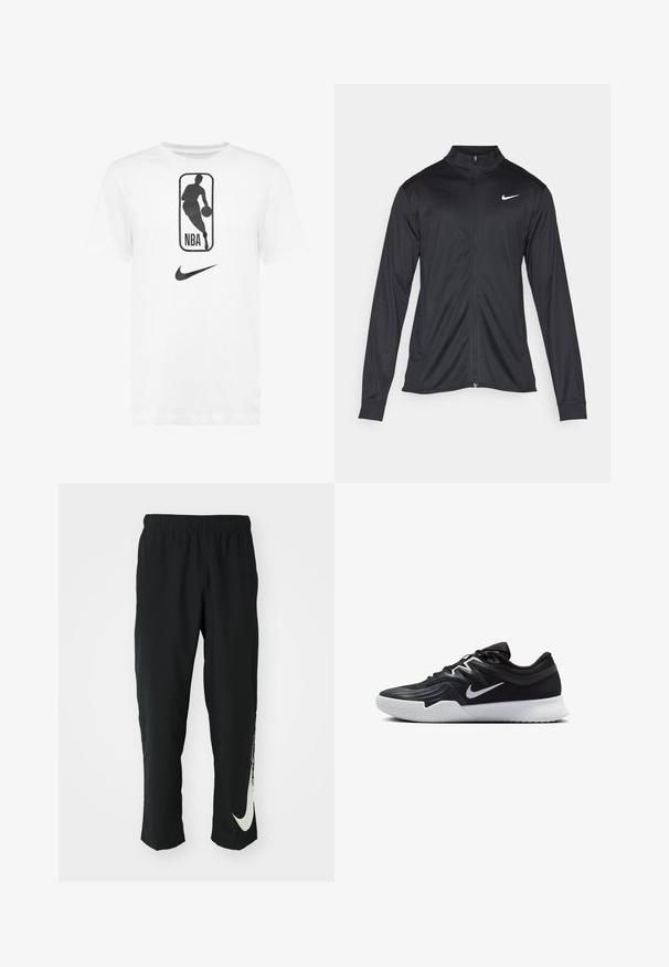 Svart idrettsjakke med lange ermer, krage og full glidelås. Har en subtil Nike-logo i hvitt på øvre venstre bryst. Glatt tekstur.; Hvit bomull T-skjorte med grafikk av svart NBA-logo og svart Nike swoosh-logo. Standard rund halsdesign og korte ermer.; Svarte treningbukser med elastisk midje, smalere design, med en stor hvit Nike-logo på venstre bein. Myk, lett stoff.; Svart treningssko med teksturert overdel, hvit Nike-swoosh og hvit gummisåle. Har snøring og en dynamisk form.