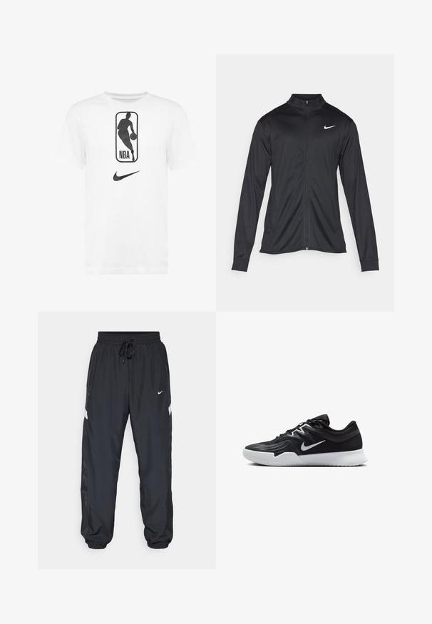 Černá sportovní bunda s dlouhými rukávy, límcem a plným zipem. Má decentní bílou logo značky Nike na horní levé části hrudi. Hladká textura.; Bílé bavlněné tričko s černou grafikou loga NBA a černým logem Nike swoosh. Standardní design s kulatým výstřihem a krátkými rukávy.; Černé sportovní kalhoty s elastickým pasem, nastavovací šňůrkou, bočními kapsami a kontrastními bílými pruhy po stranách.; Černá atletická bota s texturovaným svrškem, bílým logem Nike a bílou gumovou podrážkou. Disponuje šněrovacím designem a dynamickým tvarem.