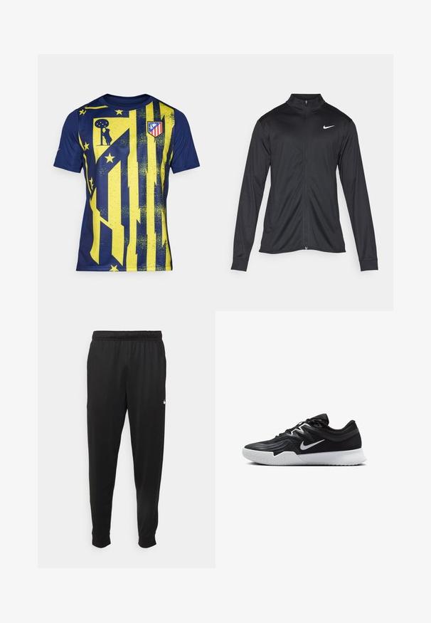 Must värvi sportlik jakk pikkade varrukatega, krae ja täispikk tõmblukk. Ülemises vasakus rinnas on diskreetne valge Nike logo. Sile tekstuur.; Spordisärk tumesinisel ja kollasel taustal, millel on julged vertikaalsed triibud, tekstuurilised mustrid ja klubi logo rinnal, ümmargune kaelus.; Mustad mustekad athletic-püksid sujuvast kangast, elastse vöökoha, kitsenevate jalgade ja väikese valge logoga vasakul küljel.; Must mustad jalanikesad rikaste ülaservaga, valge Nike swoosh'i ja valge kummist välispõhjaga. Omab paeltega sulgemisdetaili ja dünaamilist kuju.