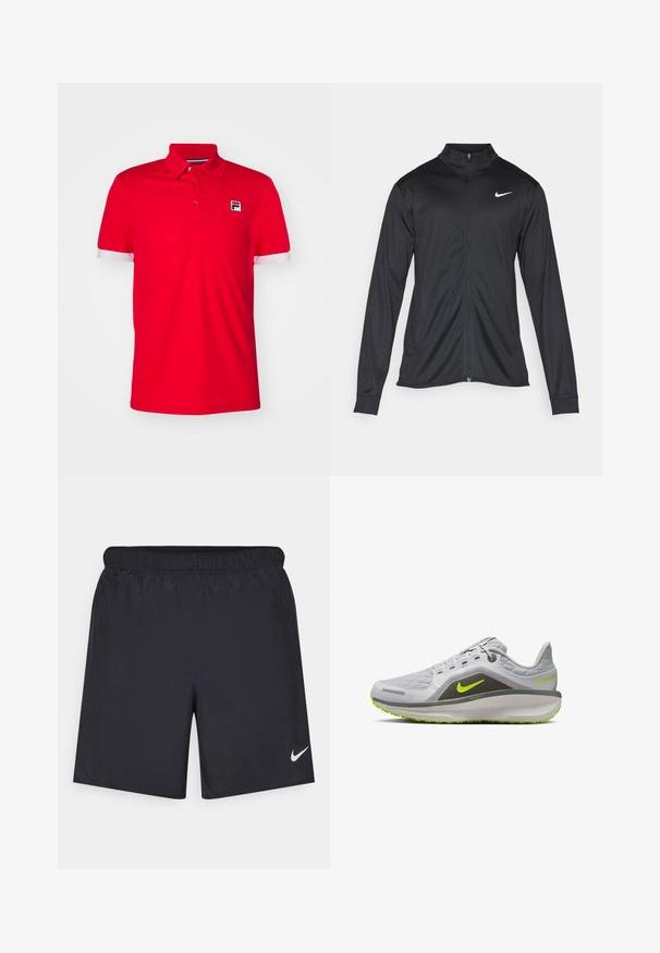 Czarna sportowa kurtka z długimi rękawami, kołnierzem i pełnym zamkiem. Posiada subtelne logo Nike w białym kolorze na lewej górnej części klatki piersiowej. Gładka tekstura.; Czerwona koszulka polo uszyta z gładkiego materiału, z klasycznym kołnierzykiem, białymi mankietami i małym logo w lewym górnym rogu. Prosty i funkcjonalny design.; Czarne spodenki sportowe wykonane z lekkiego materiału, z elastycznym pasem. Posiadają małe białe logo Nike na dolnej lewej stronie.; Szare sportowe buty z teksturowaną cholewką, akcentami w neonowej zieleni, amortyzowaną podeszwą i lekką konstrukcją. Posiadają widoczne logo i detale.