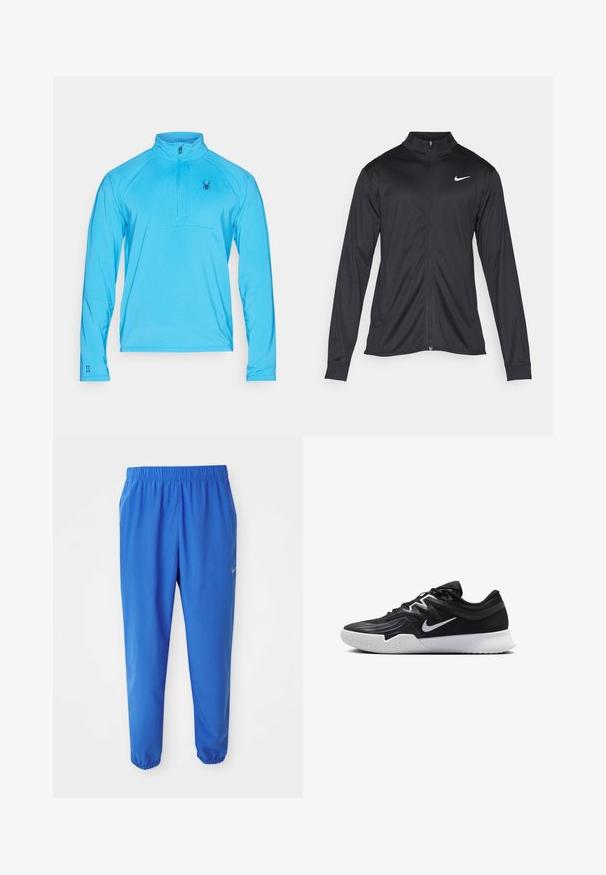 Giacca sportiva nera con maniche lunghe, colletto e zip completa. Presenta un logo Nike in bianco sulla parte superiore del lato sinistro del petto. Tessuto morbido.; Spyder GRIDWEB 1/2 ZIP - Maglietta a manica lunga - aether blue; Pantaloni sportivi blu con cintura elastica, design a gamba dritta e polsini affusolati. Presenta il logo Nike in oro sul lato sinistro.; Scarpa sportiva nera con tomaia testurizzata, logo Nike swoosh bianco e suola in gomma bianca. Presenta un design con lacci e una forma dinamica.