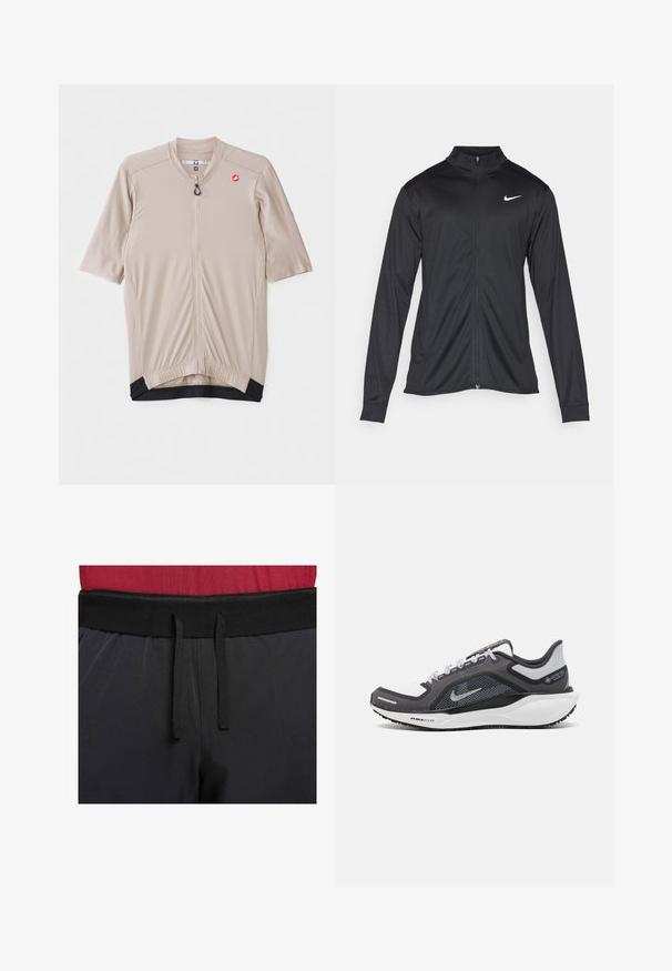 Černá sportovní bunda s dlouhými rukávy, límcem a plným zipem. Má decentní bílou logo značky Nike na horní levé části hrudi. Hladká textura.; Beige cyklistický dres s krátkým rukávem, texturovaná tkanina, přední zip a černý akcent na lemu. Obsahuje logo na hrudi.; Černé sportovní kalhoty mají široký pas s vnějším stahováním. Tkanina je hladká s mírným leskem a bez viditelných vzorů.; Černá a šedá sportovní obuv s vrškem z prodyšné síťoviny, reflexními akcenty a bílou mezipodešví. Obsahuje texturovanou gumovou podrážku a tkaničky.