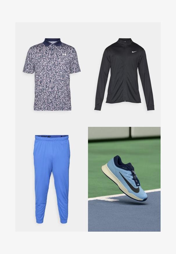 Černá sportovní bunda s dlouhými rukávy, límcem a plným zipem. Má decentní bílou logo značky Nike na horní levé části hrudi. Hladká textura.; Námořnická polo košile krátký rukáv s květinovým vzorem v růžové a bílé barvě. Má jednofarebný límec a malé logo na hrudi.; Pánské modré sportovní kalhoty vyrobené z lehké látky, s elastickým pasem s černým logem a zúženými manžetami u kotníků.; Světle modrá sportovní obuv s námořnickými akcenty, texturovaný síťový svršek a černé logo Swoosh. Obsahuje polstrovanou mezipodešev a gumovou podrážku.