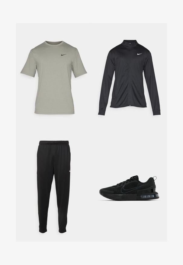 Jachetă sportivă neagră cu mâneci lungi, guler și fermoar complet. Prezintă un logo Nike subtil, alb, pe pieptul din stânga sus. Textură netedă.; Nike Performance HYVERSE - Bluză sport - dark stucco/black; Pantaloni sportivi negri dintr-o țesătură netedă, cu un elastic la brâu, picioare conice și un mic logo alb pe partea stângă.; Pantofii atletici negri Nike au un superior din plasă, talpă din cauciuc, guler căptușit și un accent distinct transparent în călcâi.