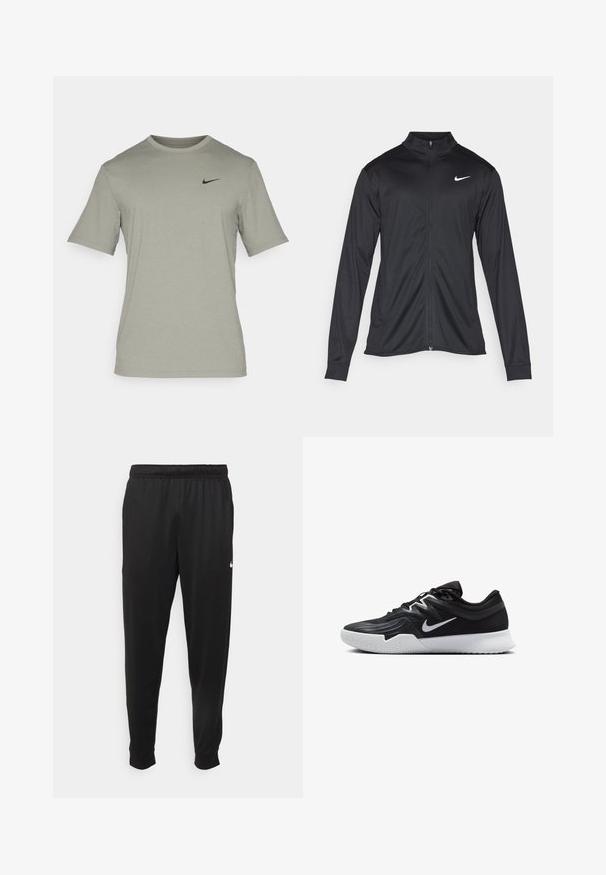 Svart idrettsjakke med lange ermer, krage og full glidelås. Har en subtil Nike-logo i hvitt på øvre venstre bryst. Glatt tekstur.; Nike Performance HYVERSE - T-skjorte til trening - dark stucco/black; Svarte treningsbukser laget av glatt stoff, med elastisk midje, smale ben og en liten hvit logo på venstre side.; Svart treningssko med teksturert overdel, hvit Nike-swoosh og hvit gummisåle. Har snøring og en dynamisk form.