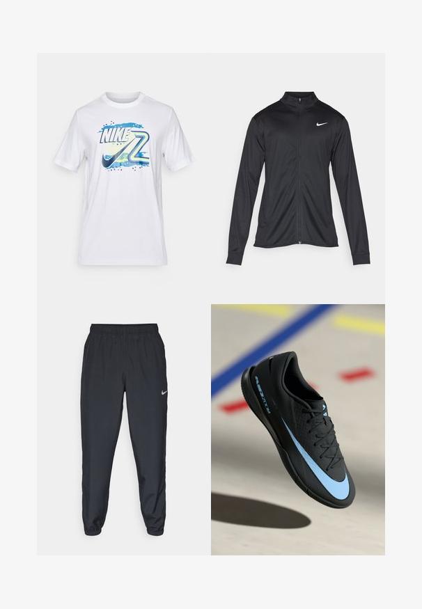 Svart idrettsjakke med lange ermer, krage og full glidelås. Har en subtil Nike-logo i hvitt på øvre venstre bryst. Glatt tekstur.; Hvit bomull T-skjorte med et flerfarget grafisk design som inkluderer Nike-logoen og stilisert tekst. Korte ermer og klassisk rund hals-design.; Svarte joggebukser laget av lett stoff med elastisk midje, ankelmanchetter og en diskret Nike-logo på venstre side.; Svart treningstøvel med blå detaljer, teksturert overflate, snøring og særegen Nike-logo. Gummisåle med grep mønstre.