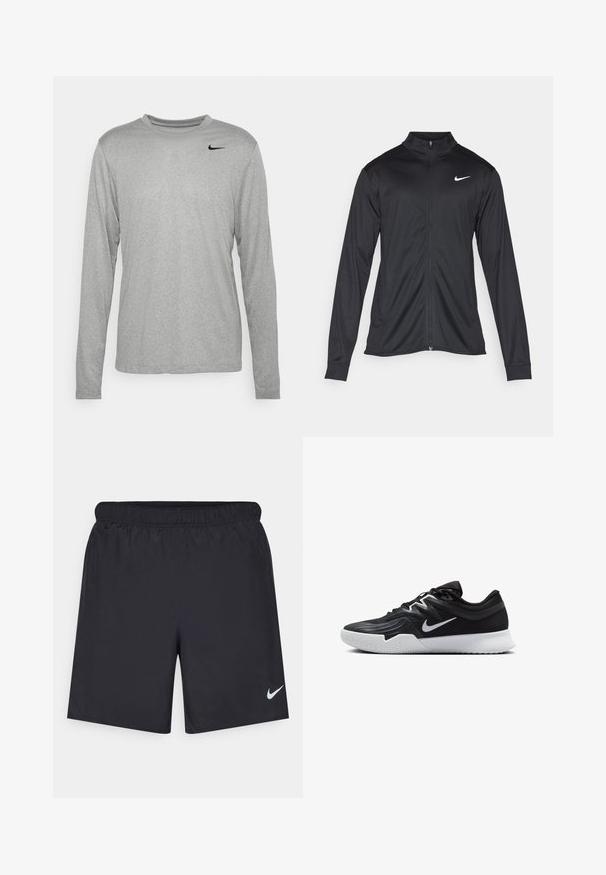 Μαύρο αθλητικό μπουφάν με μακριά μανίκια, γιακά και πλήρη φερμουάρ. Διαθέτει ένα διακριτικό λευκό λογότυπο της Nike στη πάνω αριστερή πλευρά του στήθους. Λείος υφασμάτινος χαρακτήρας.; Γκρι αθλητική μπλούζα μακρυμάνικη από ελαφρύ ύφασμα, με στρογγυλό λαιμό και μικρό μαύρο λογότυπο Nike στο αριστερό μέρος του στήθους.; Μαύρες αθλητικές βερμούδες από ελαφρύ υλικό με ελαστική μέση. Διαθέτουν ένα μικρό λευκό λογότυπο Nike στην κάτω αριστερή πλευρά.; Μαύρο αθλητικό παπούτσι με υφή στο επάνω μέρος, λευκό σήμα Nike και λευκή καουτσούκ σόλα. Διαθέτει σχέδιο με κορδόνια και δυναμικό σχήμα.