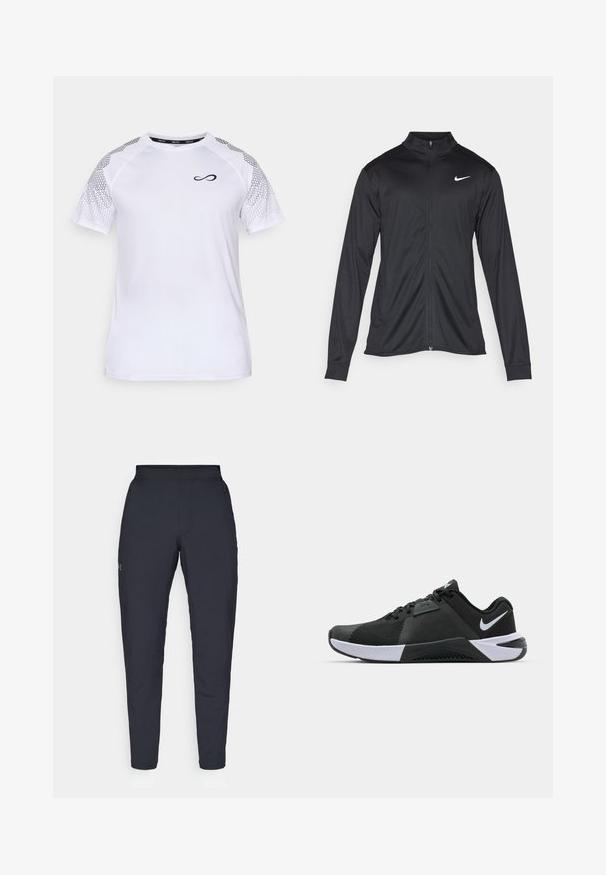 Melna sporta jaka ar garām piedurknēm, apkakli un pilnu rāvējslēdzēju. Uz kreisā krūts augšdaļas ir maigs Nike logo baltā krāsā. Gluda tekstūra.; Endless FEISTY HEXAGON - Apdrukāts T-krekls - white; Melnas sporta bikses ar gludu tekstūru, šauru piegriezumu, elastīgu jostu un sānu kabatām. Uz kreisā augšstilba ir mazs logs.; Nike Performance METCON 10 - Treniņkurpes - black/white/anthracite