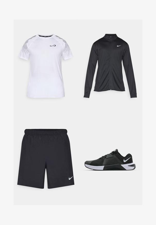 Veste de sport noire à manches longues, avec col et fermeture éclair intégrale. Présente un logo Nike subtil en blanc sur le côté supérieur gauche de la poitrine. Texture lisse.; Endless FEISTY HEXAGON - T-shirt imprimé - white; Shorts de sport noirs en matériau léger avec une taille élastique. Présente un petit logo Nike blanc sur le bas du côté gauche.; Nike Performance METCON 10 - Chaussures fitness - black/white/anthracite
