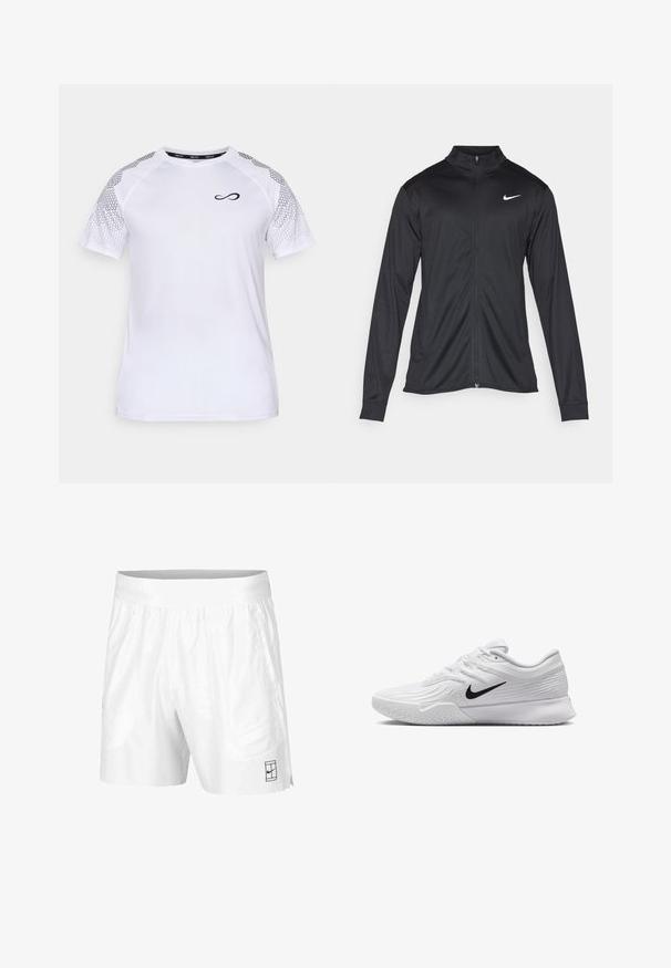 Juodas sportinis švarkas su ilgomis rankovėmis, apykakle ir pilnu užtrauktuku. Yra subtilus baltas Nike logotipas kairėje krūtinės pusėje. Lygus tekstūra.; Endless FEISTY HEXAGON - Marškinėliai su spaudiniu - white; Balti sportiniai šortai, pagaminti iš lengvos medžiagos, su elastinga juosta, su dviem šoninėmis kišenėmis ir mažu juodu logotipu ant apatinio krašto.; Baltas sportinis batas su tekstūruota tinkleliu, juodu Nike swoosh logotipu, paminkštintu apvadu ir guminėmis pado detalėmis su protektoriumi.