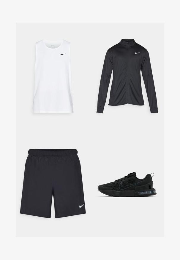 Melna sporta jaka ar garām piedurknēm, apkakli un pilnu rāvējslēdzēju. Uz kreisā krūts augšdaļas ir maigs Nike logo baltā krāsā. Gluda tekstūra.; Balts bezpiedurņu sporta tops, kas izgatavots no mitrumu izlīdzinošas auduma, ar melnu Nike logo kreisajā krūtī. Gluda tekstūra.; Melnas sporta šorti, izgatavoti no viegla materiāla, ar elastīgu jostu. Uz apakšējā kreisā stūra ir neliels balts Nike logo.; Melnas Nike sporta kurpes ar sietu augšpusi, gumijas zoli, polsterētu apkakli un izteiktu caurspīdīgu papēdi.
